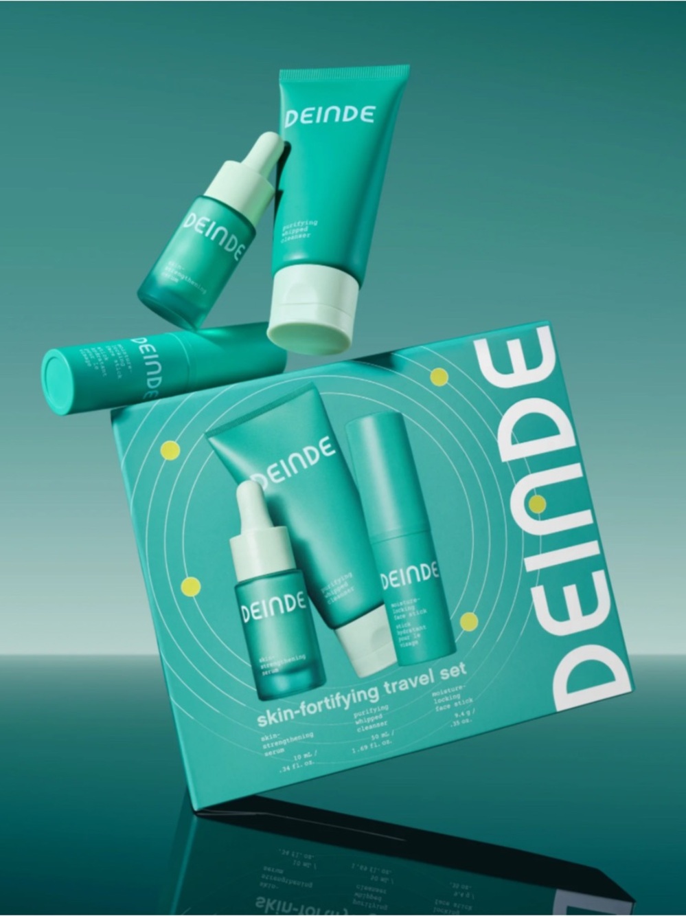 DEINDE Skincare Travel Set: Purifying Cleanser, Strengthening Serum, Face Stick